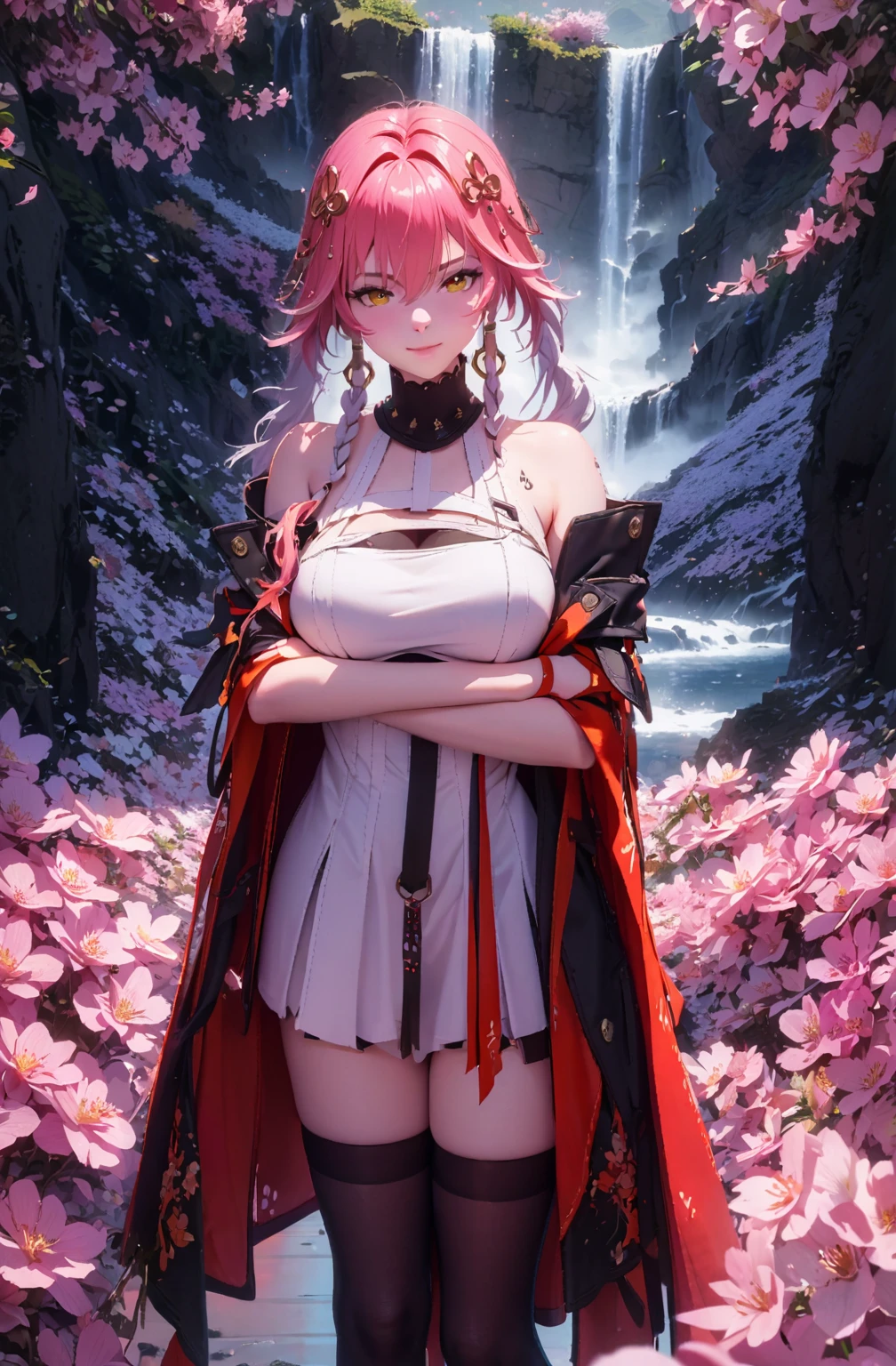anime girl in a white dress and black stockings standing in a field of flowers, 8k high quality detailed art, anime goddess, 8k octae render photo, Changli Wuthering Waves, best anime 4k konachan wallpaper, trending on artstation pixiv, anime style 4 k, badass anime 8 k, cute anime waifu in a nice dress