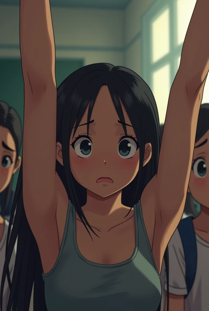 filipina student get punishment raise hands up revealing her armpit in front of classmate with tank top clothe sad face show underarms