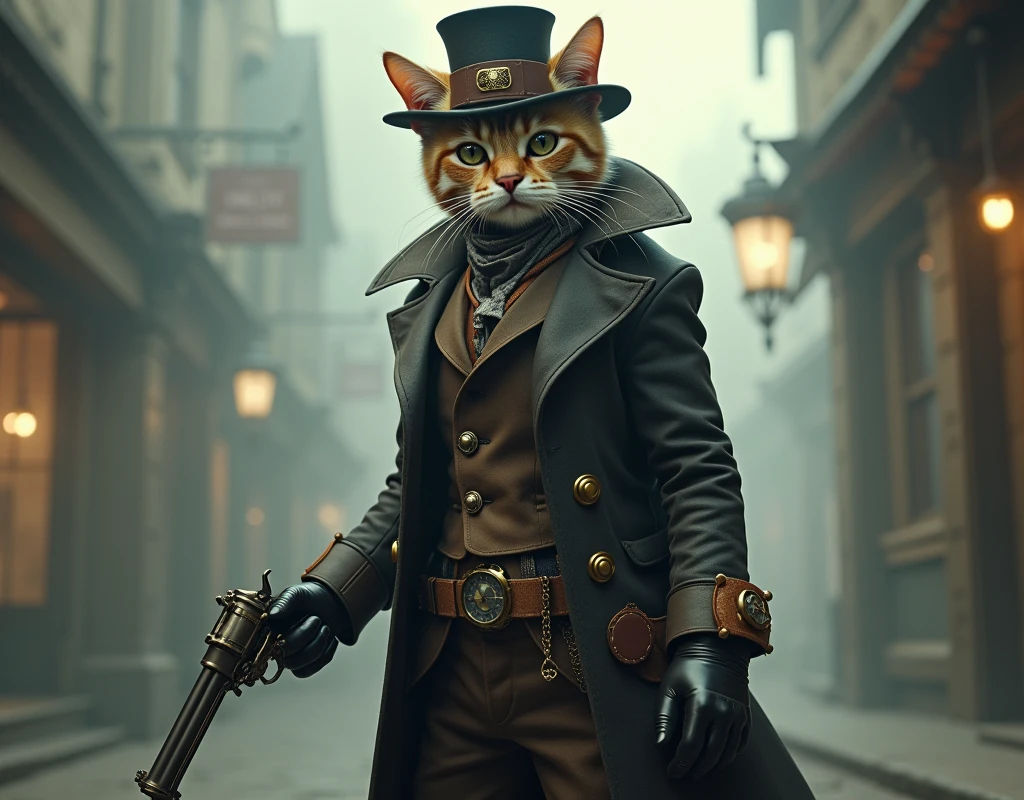 The image depicts a cat anthropomorphized with human-like features, dressed in a steampunk-inspired outfit. The character is standing in an environment that suggests a foggy, Victorian-era setting, possibly a steampunk-inspired fantasy world. The cat's attire includes a top hat, a long coat with leather accents and brass buttons, and gloves, all of which contribute to the steampunk aesthetic. The presence of the revolver adds a sense of adventure or danger to the scene. The overall impression is one of a character from a science fiction narrative, blending elements of fantasy and historical fashion.