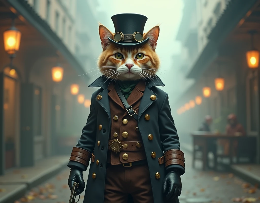 The image depicts a cat anthropomorphized with human-like features, dressed in a steampunk-inspired outfit. The character is standing in an environment that suggests a foggy, Victorian-era setting, possibly a steampunk-inspired fantasy world. The cat's attire includes a top hat, a long coat with leather accents and brass buttons, and gloves, all of which contribute to the steampunk aesthetic. The presence of the revolver adds a sense of adventure or danger to the scene. The overall impression is one of a character from a science fiction narrative, blending elements of fantasy and historical fashion.