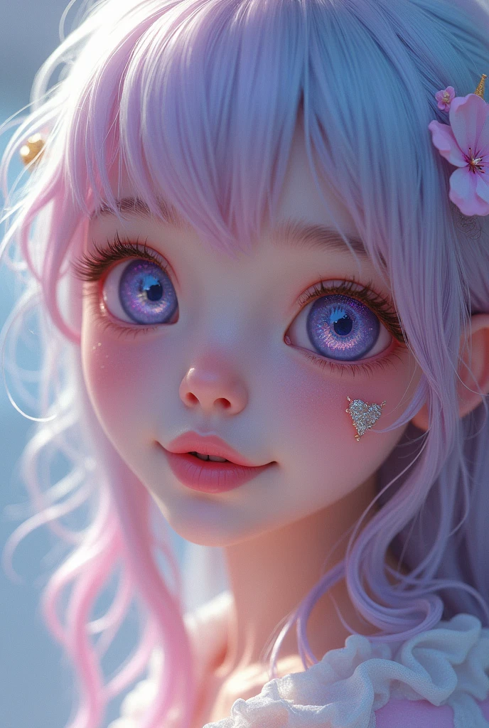 a girl with an enchanting aura, her presence as captivating as a unicorn's mythical grace. Her hair is a cascade of pastel colors, reminiscent of cotton candy swirled in shades of pink, blue, and lavender, giving her a dreamlike, whimsical quality. Her eyes, sparkling like opals, are wide and expressive, with a hint of iridescence that catches the light in a magical way. She has a subtle, playful charm, accentuated by a delicate, heart-shaped birthmark on her cheek, which adds a unique touch of innocence and wonder to her appearance.