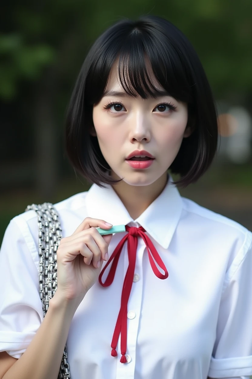 Highest quality,Japanese Idols, Short Bob Hair、bangs、Award-winning photo, Very detailed, Edge Orgasm, Face Focus, (Woman with open mouth and closed eyes ), Age 30、Black Hair、 News anchor、Glowing Skin,From below、Realistic nostrils、Browsing Caution,Shortcuts、Big Breasts、Vibrator prank in public, 公共の場でのBig Breasts女性, She leaned back., (She closed her eyes), she yawns, She wants you to stop using vibrators