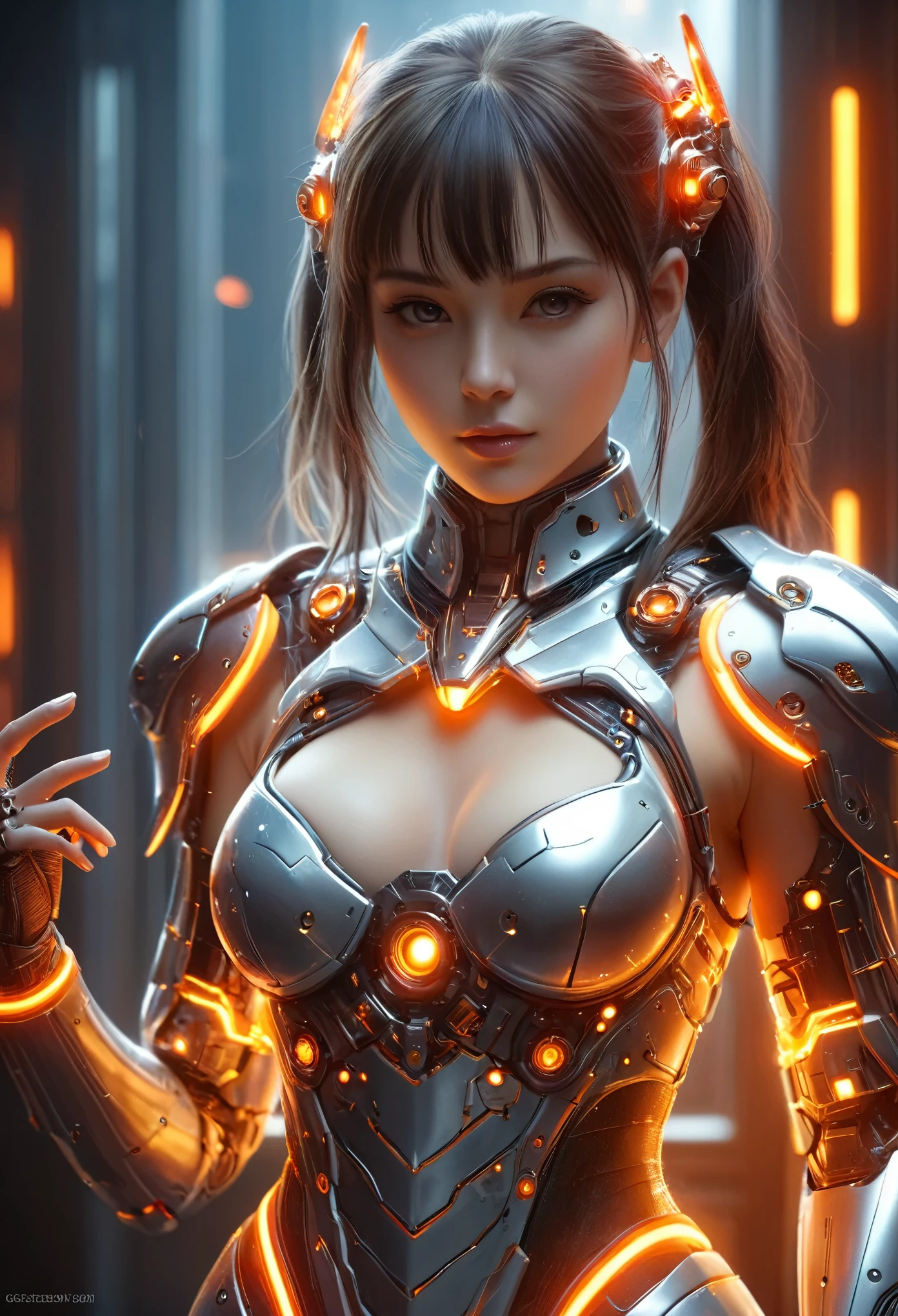 (Best Quality, 4K, 8K, High Resolution, Masterpiece: 1.2), (Super Detailed, Realistic, Photorealistic:1.37), A woman in futuristic clothing, (erotic and sexy:1.4), Trending on cgstation, Trending on cgstation, (Portrait of a girl in the Knights of the Zodiac:1.4), (blunt bangs:1.5), Cute Cyborg Girl, Perfect android girl, Portrait Astronaut Girl, Beautiful girl cyborg, Girl wearing red and orange and white mechanical cyber armor, Game CG, cgsociety and fenghua zhong, Beautiful Cyborg Shrine Maiden, Bioluminescence, (Gal Gadot:0.5), Anatomically correct grip, Anatomically correct four fingers and one thumb, (long claws:1.4), erotic and sexy, 