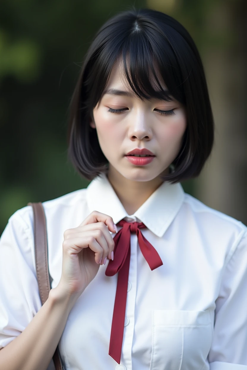 Highest quality,Japanese Idols, Short Bob Hair、bangs、Award-winning photo, Very detailed, Edge Orgasm, Face Focus, (No makeup), (Woman with open mouth and closed eyes ), Age 30、Black Hair、 News anchor、Glowing Skin,From below、Realistic nostrils、Browsing Caution,Shortcuts、Big Breasts、Vibrator prank in public, 公共の場でのBig Breasts女性, She leaned back., (She closed her eyes), she yawns,  She wants you to stop using vibrators