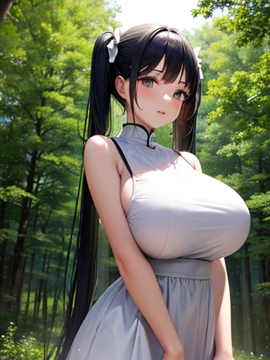 1 female、Twin tails、(Very large breasts:1.3)、White Dress、forest