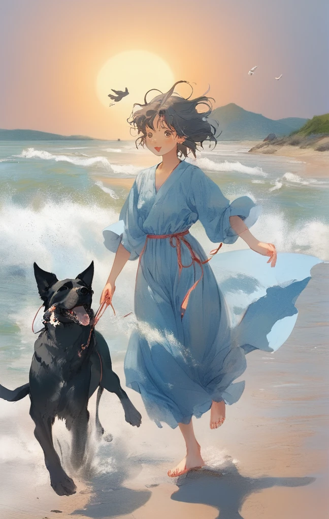 (super flat, flat shading), Honors Type, Really blushing, 17 years old, a girl in a see-through white dress, bare foots, smile, in dress, cute waifu in a nice dress, my dress up darling, pretty girl, young girl, beautiful girl, by the sea, dramatic lighting, dancing with dog, from above