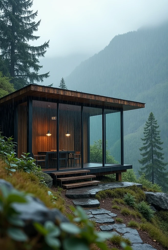 A solitary room nestled within the rainy mountains, partially sunken into the ground, giving it a cozy, hidden feel. The walls of the room are made entirely of clear glass, allowing an unobstructed view of the mist-covered, rainy landscape outside. The roof, made of aged, weathered wood, contrasts with the modern glass walls, adding a rustic charm. The room is surrounded by towering, rain-soaked pine trees and rocky terrain, with a soft mist rolling down the mountains. Raindrops gently streak the glass, enhancing the serene and isolated ambiance, perfect for peaceful reflection amidst nature's embrace.