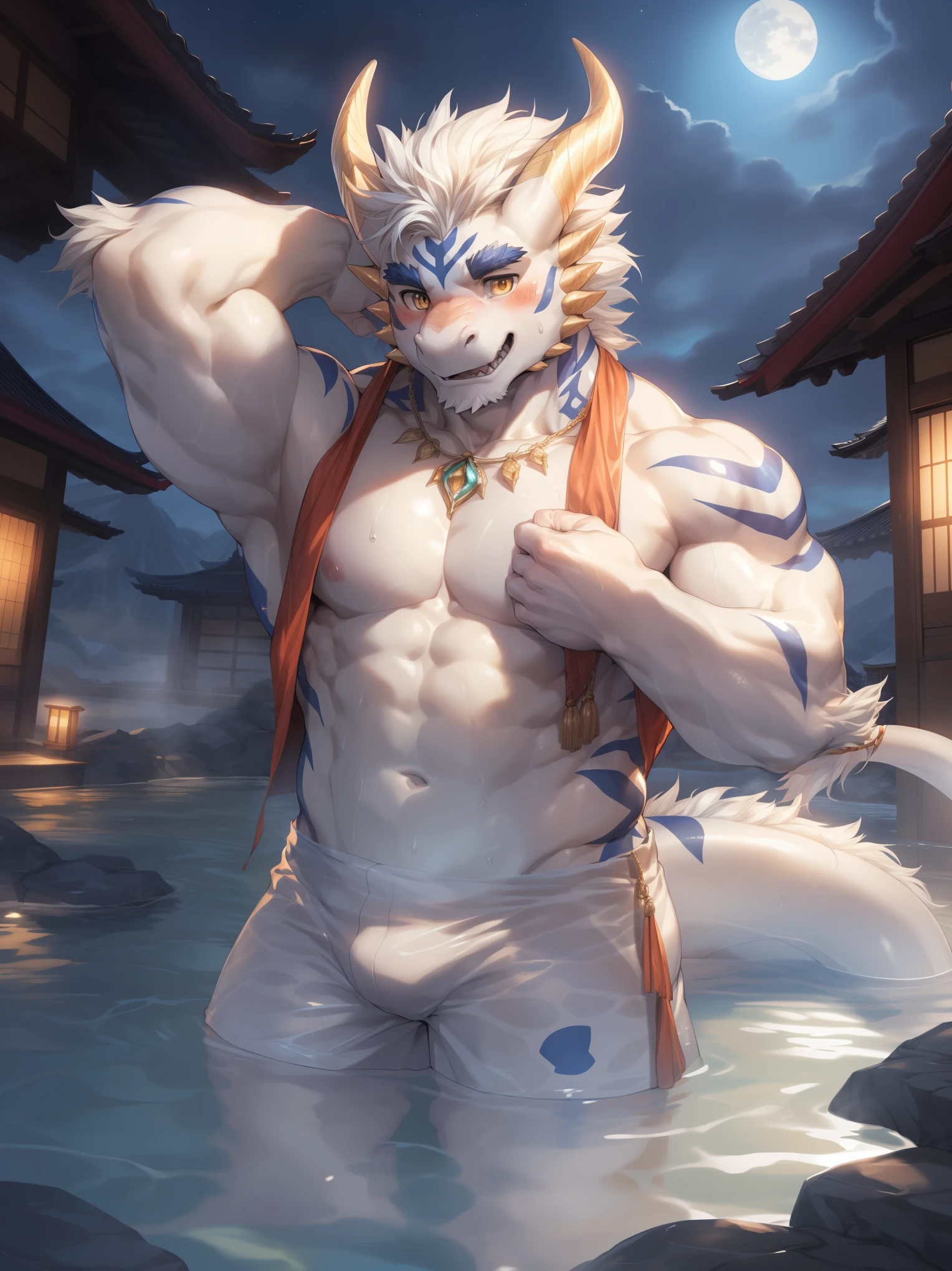 (By Empty Ghost, From thebigslick, By Dark Gem, Will chase), Keyuan Building (Onmyoji Daisenji Temple), High quality photos, Perfect anatomical structure, Anthropomorphic white dragon, male, 20 years old,  (dragon print), Thick eyebrows, short hair, Strong body, Pectoralis major, White scales, Detailed teeth,  vest, White shorts, Small bump, 浸泡在Natural hot springs中, Partially submerged, Open your thighs, One arm raised, Shy expression, A faint smile, blush, Golden pupils, Look up at the audience, Clear facial features, Strong, solitary, top view, Full body portrait, night, Foggy atmosphere, Sweating in the legs, In the valley, Natural hot springs, White pebbles can be seen everywhere, wild plants,  (By Empty Ghost, From dragon20, masterpiece, high quality, high resolution, 8k)