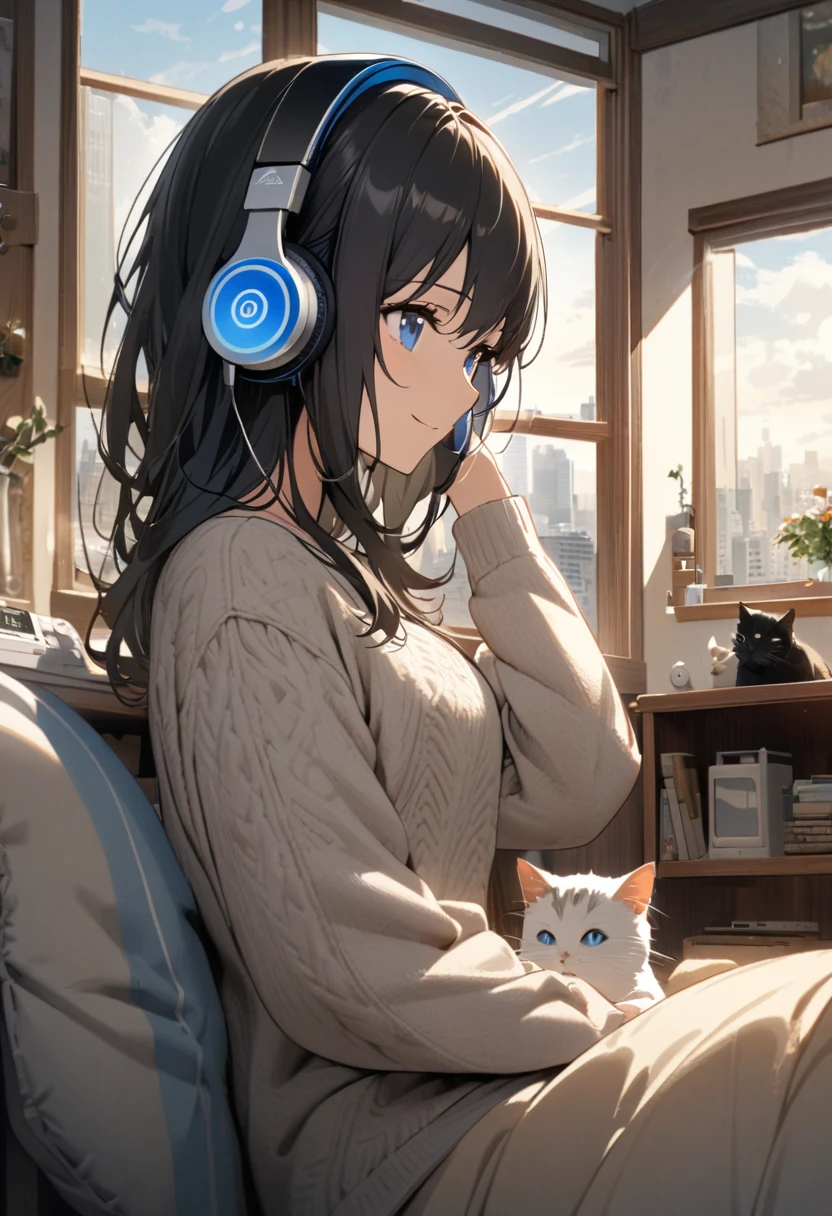 A beautiful woman, alone, A gentle smile on her face, Black Hair, blue eyes,Cat, Beautiful depiction,A woman sitting in front of a computer in a cozy bedroom, A woman listening to music in a cozy room (noon), Use headphones, (beautiful noon views from windows), City,Very detailed