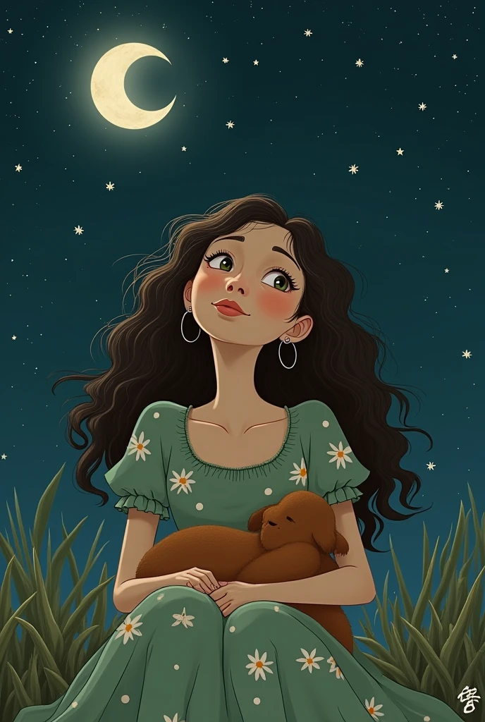 Create an image of a white woman with very curly hair, brown and long and messy. She is wearing a delicate green dress with a floral print. It&#39;s getting dark and there are many stars in the sky. The moon is waxing. She is sitting looking at the sky happy.Next to her, a brown dog sleeps in her lap.. The woman wears hoop earrings