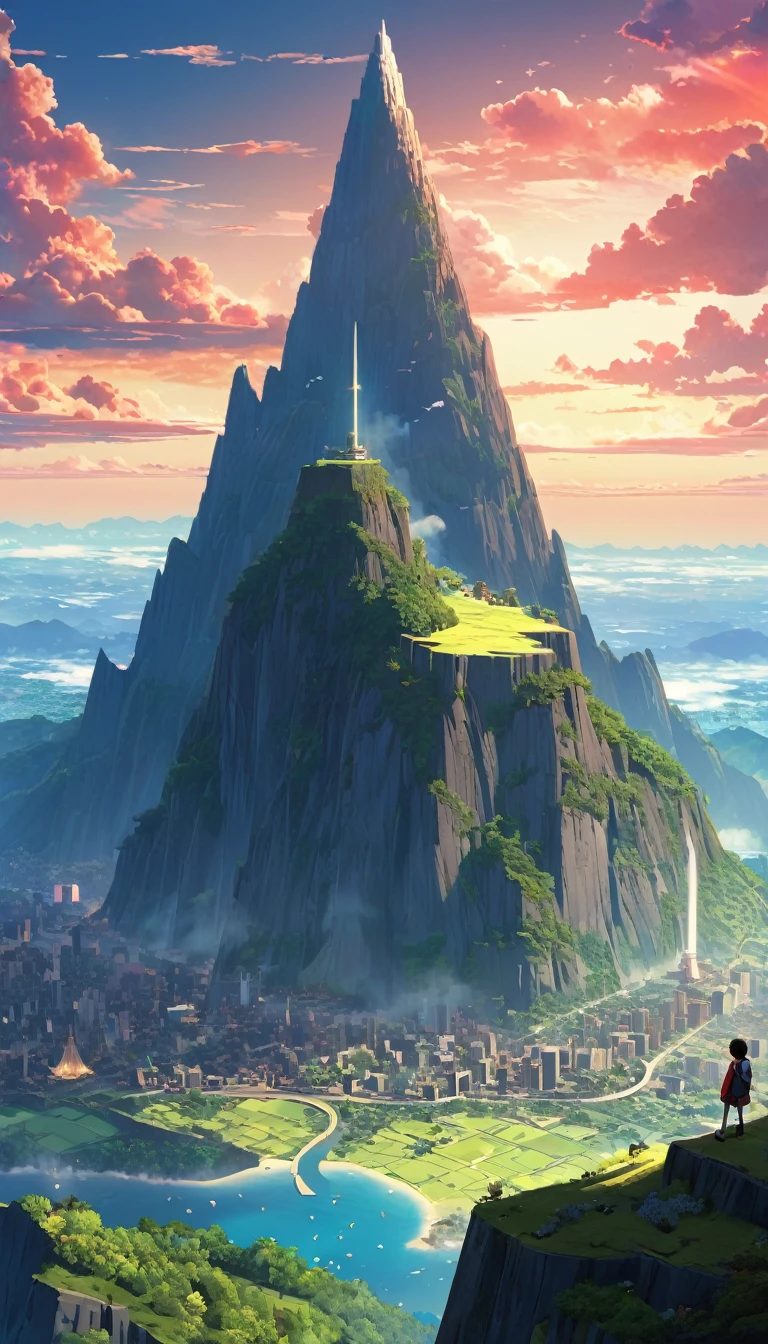 a child on a mountain towering over a city in animated, in the style of serene oceanic vistas, go nagai, vray, grandeur of scale, goro fujita, thomas cole, enchanting realms --ar 7:5 --v 5.2