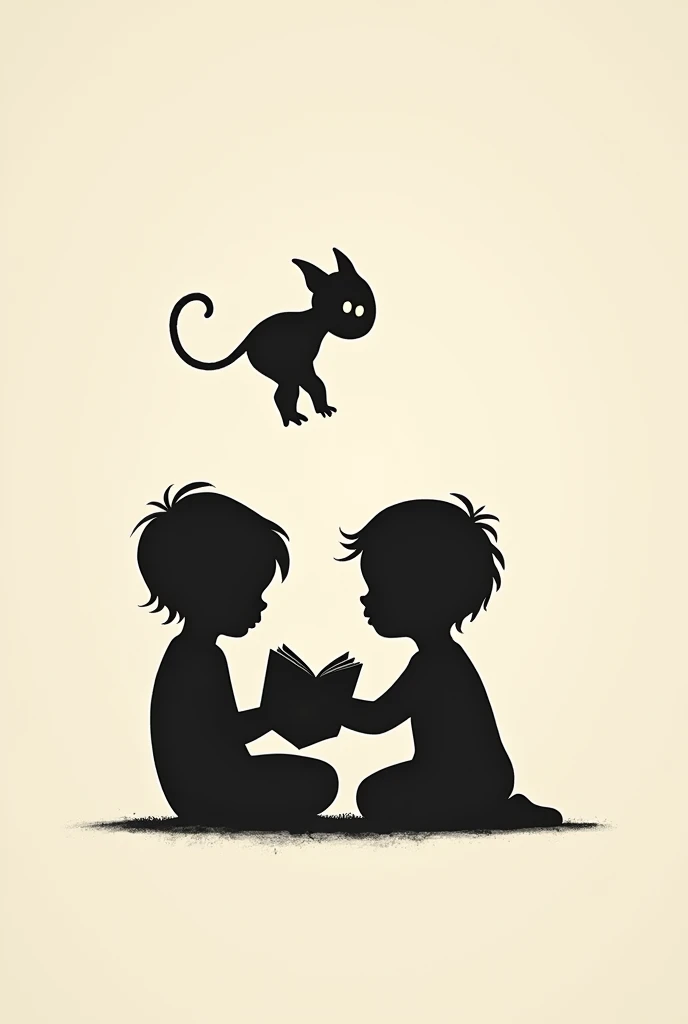 Tatouage homme avant bras deux petites silhouette pas trop détaillé d'enfant (un minimum de détails juste les silhouettes des enfants et les silhouettes ne sont pas colorier en noir) entrain de lire un livre et au dessus d'eux un petit démon qui fait quand même un peu peur mais pas trop qui veille sur les enfants