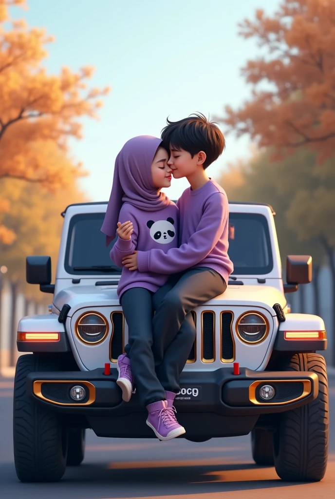 a beautiful hijab-wearing Korean girl and a Korean boy with thin, neat hair.Wearing a purple panda-patterned sweater.sitting on the hood of a white Jeep with gold neon low-profile rims.hugging the beautiful Muslim woman in matching attire, in the background of a quiet street on a sunny day.spotlighting from the jeep