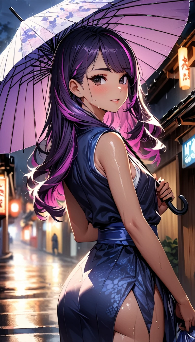 (highest quality:1.2, Very detailed, up to date, Vibrant, Ultra-high resolution, High Contrast, masterpiece:1.2, highest quality, Best aesthetics), Portraiture、girl、((25-years-old:1.5)), (holding up umbrella:1.6), traditional kimono, Bright colors、Beautiful fine details、Beautiful lip detail, long hair、black and purple ((streaked hair:1.6)), highlights hair: 1.5, brown eyes, ((slim body:1.4)), (small breast:0.7), (dark skin:0.5), rainy day, rain night, street in Kyoto, wet street, looking back, (cowboy shot),