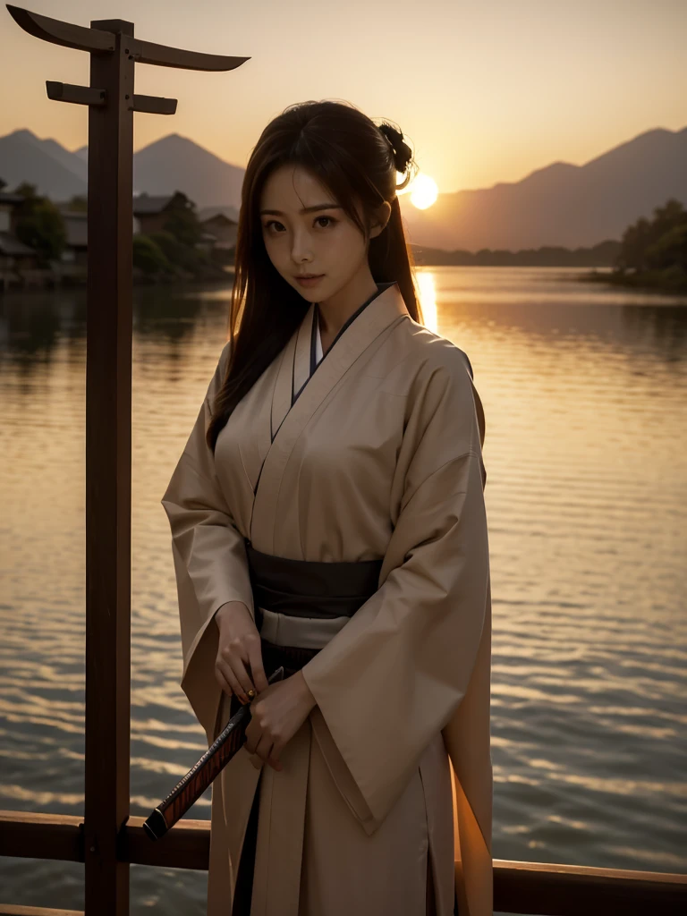 ((upper body)),

A female samurai standing on a wooden platform during sunset, preparing to draw her katana. She is dressed in traditional dark, muted samurai robes, with a deep maroon inner kimono visible beneath the outer layers. Her hair is tied back in a traditional warrior style, with loose strands framing her face. Her expression is calm and focused, showing determination. The scene is bathed in the warm, glowing light of the setting sun, casting long shadows across the wooden platform and highlighting the blade of her katana. In the background, distant mountains are silhouetted against the glowing orange and yellow sky, adding depth and atmosphere to the scene. The color palette is dominated by warm sunset hues, earthy tones in her clothing, and the soft shadows of the peaceful yet tense moment."

Style: Realistic, cinematic lighting
Lighting: Warm, golden sunset light, casting long shadows and emphasizing the sword’s blade
Colors: Dark, muted earth tones for the clothing, warm sunset oranges and yellows in the background
Composition: Samurai woman centered, holding her katana with both hands, preparing for action, with the sunset and mountains behind her
Environment: Wooden platform, distant mountains, sunset sky, atmosphere of calm determination
