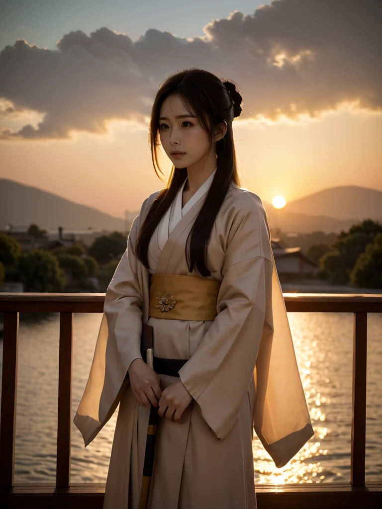 ((upper body)),

A female samurai standing on a wooden platform during sunset, preparing to draw her katana. She is dressed in traditional dark, muted samurai robes, with a deep maroon inner kimono visible beneath the outer layers. Her hair is tied back in a traditional warrior style, with loose strands framing her face. Her expression is calm and focused, showing determination. The scene is bathed in the warm, glowing light of the setting sun, casting long shadows across the wooden platform and highlighting the blade of her katana. In the background, distant mountains are silhouetted against the glowing orange and yellow sky, adding depth and atmosphere to the scene. The color palette is dominated by warm sunset hues, earthy tones in her clothing, and the soft shadows of the peaceful yet tense moment."

Style: Realistic, cinematic lighting
Lighting: Warm, golden sunset light, casting long shadows and emphasizing the sword’s blade
Colors: Dark, muted earth tones for the clothing, warm sunset oranges and yellows in the background
Composition: Samurai woman centered, holding her katana with both hands, preparing for action, with the sunset and mountains behind her
Environment: Wooden platform, distant mountains, sunset sky, atmosphere of calm determination
