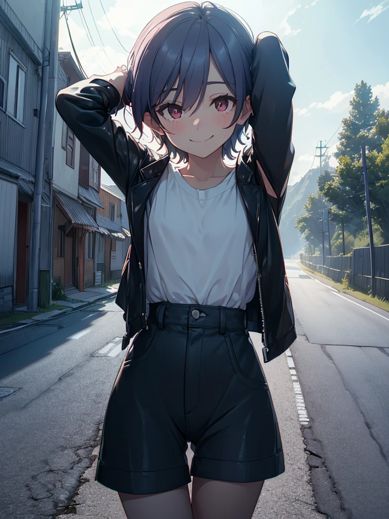 (​masterpiece、top-quality、hight resolution、Unity 8k、extremely details CG:1,Best Picture), flat chest, A girl is hitchhiking. She is standing by the roadside with her bag. The background is a desolate rural landscape, with long stretches of road, few trees and no houses in sight. She raises her arms high, smiles a bashful smile and confidently signals the car to stop, creating a cheeky attitude. It should convey an attempt to stop the car in a secluded and isolated setting. nsfw, Lilith, Jacketed. Jacket front open. micro shorts, shirt