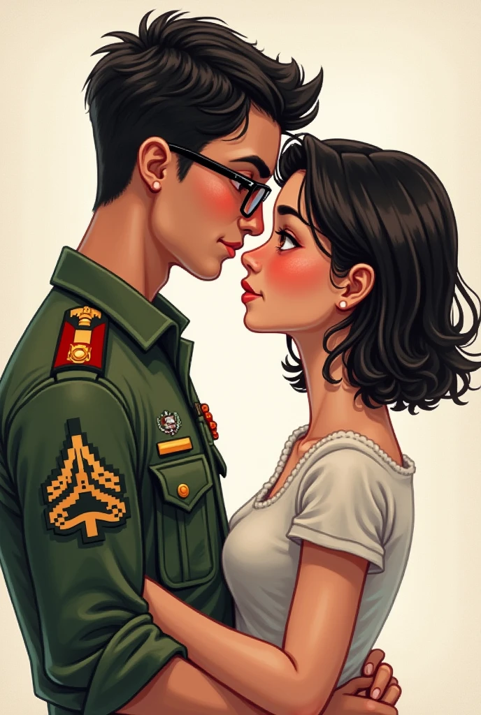 A drawing of a couple.

He is a Mexican soldier, with pixelated uniform, wears glasses

She is of medium complexion, slanted brown eyes, She has rosy cheeks and is blushing, short black hair 