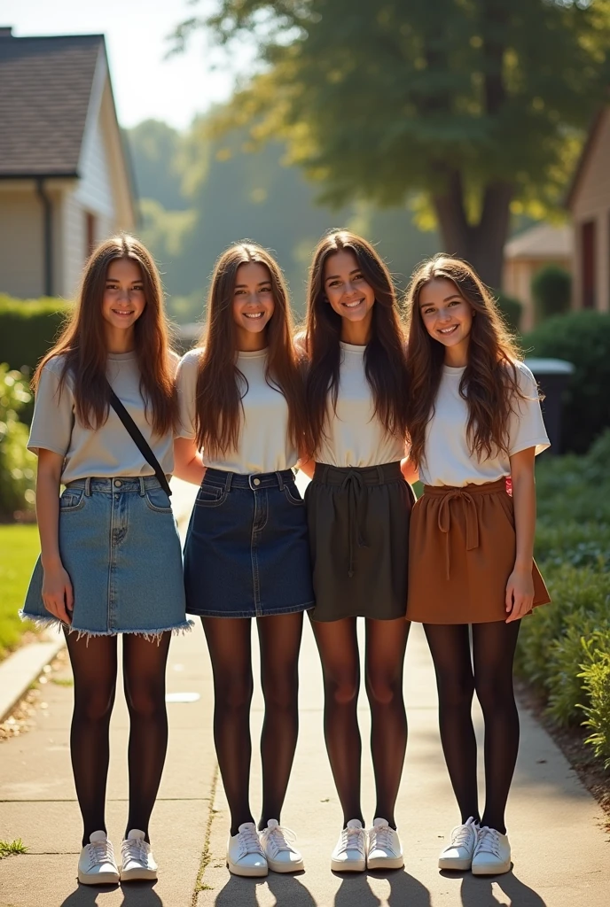 a group of beutiful brown hair teenanger, show entire bodys, feet in view, front view, all wearing skirts, all wearing black sheer stockings, white converse sneaker, sunny day, smiling, staying in neighboorhood, aerial photography, 20 years old, realistic