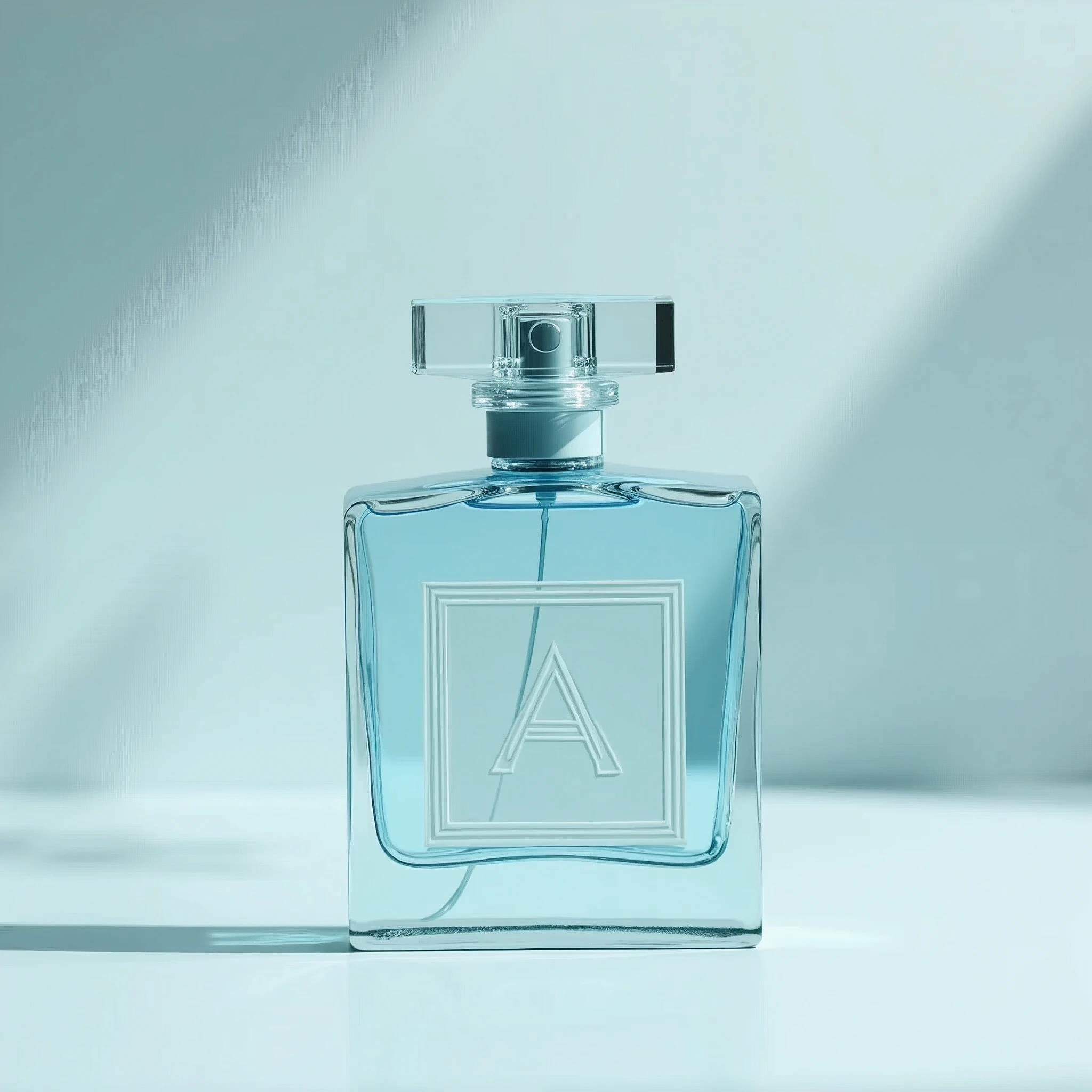 High Detail,Women's perfume bottle,Requires light blue glass bottle body with A element engraving,Plastic shoulder strap,Glass bottle caps。Capacity 100ml。The bottle features a square continuous glass engraving with element A.。