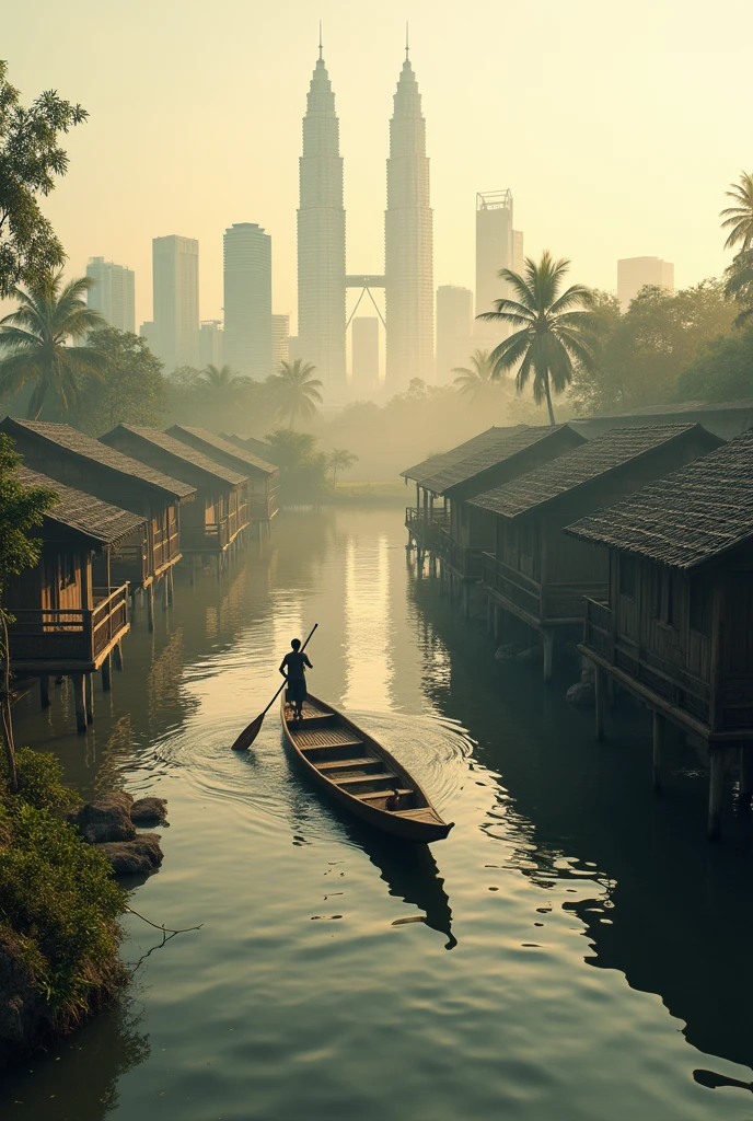 ( photorealism 1.2) photo realistic high detailed big river Malay Kampong Kuala lumpur city at background dusty view morning mode twin tower high building man with boat house at river bank drone aerial view realistic cinematic view cinematography view