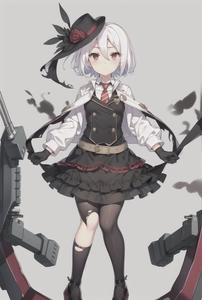 Vittorio_Veneto \(warship girls r\),((masterpiece)),(((best quality))),((ultra-detailed)),((illustration)),((disheveled hair)),((frills)),(1 girl),(solo),1girl,belt,black footwear,black gloves,black legwear,black skirt,blood,blush,breasts,broken,cannon,closed mouth,cup,damaged,fire,gloves,hat,jacket,long sleeves,looking at viewer,machinery,multicolored clothes,necktie,pantyhose,red eyes,rigging,saucer,shirt,shoes,skirt,smoke,solo,striped necktie,tea,teacup,tears,torn clothes,torn dress,torn gloves,torn jacket,torn legwear,torn pants,torn shirt,torn skirt,uniform,white hair,wine glass,short hair,