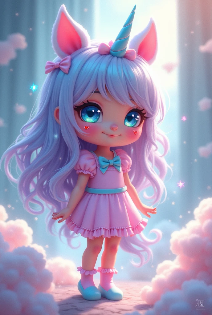 a girl with an enchanting aura, her presence as captivating as a unicorn's mythical grace. Her hair is a cascade of pastel colors, reminiscent of cotton candy swirled in shades of pink, blue, and lavender, giving her a dreamlike, whimsical quality. Her eyes, sparkling like opals, are wide and expressive, with a hint of iridescence that catches the light in a magical way. She has a subtle, playful charm, accentuated by a delicate, heart-shaped birthmark on her cheek, which adds a unique touch of innocence and wonder to her appearance. With a cute pastel dress with a pink and blue socks and a cloud like shoes 


