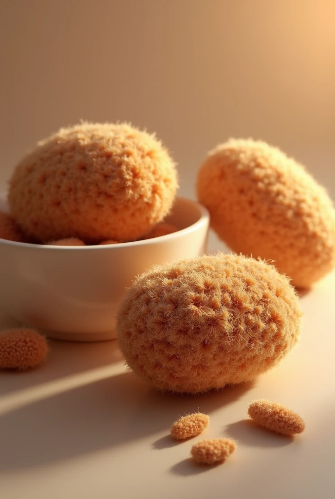 pill shaped brown objects with the texture of a silkworm cocoon that are on a container - make it look kinda hairy