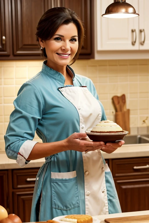A realistic image of an American woman in her 40s or 60s, wearing a chef's coat or traditional cooking clothes. She is standing in a cozy kitchen, focused on making a cake or another dessert, with a joyful expression on her face. The kitchen is warmly lit, with baking ingredients like flour, eggs, and sugar on the counter. The image should have a slightly warm tone, capturing the ambiance of a home kitchen, and it should appear as if taken with an iPhone 11 for a natural, slightly soft focus effect. The woman should have a friendly and approachable demeanor, and the overall scene should feel authentic and inviting