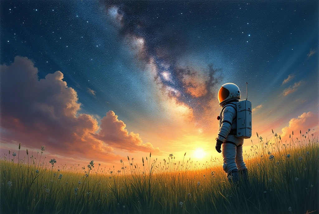 An impressionism-style painting of a man standing in a serene green meadow, surrounded by tall grass gently swaying in the wind. The backdrop is a mesmerizing dark space scene, with a breathtaking sunset casting a warm glow that illuminates the sky filled with twinkling stars and the Milky Way galaxy. The man, now clad in a detailed space suit, stands on the right side of the image, gazing at the sun as if contemplating the vastness of the universe. The image exudes a harmonious blend of tranquility and cosmic wonder, with no spacecrafts visible in the scene.