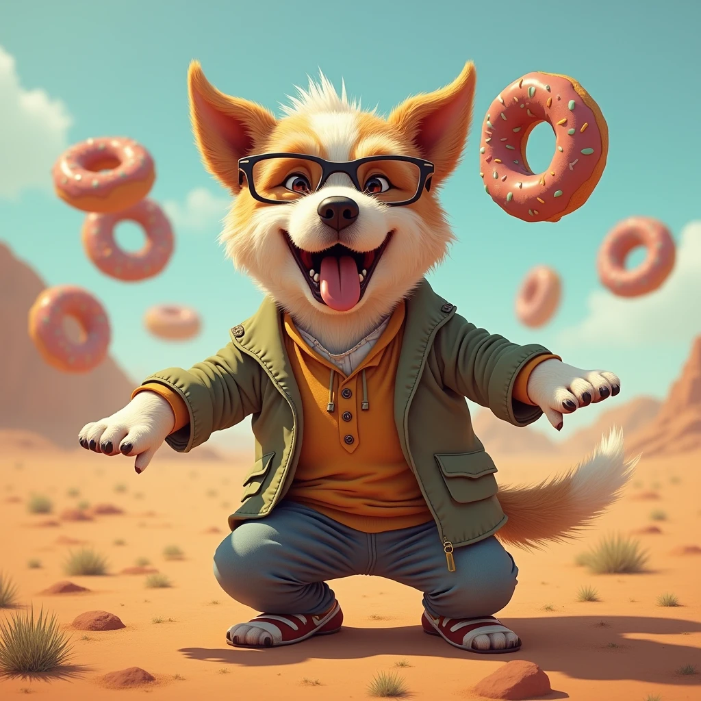Macho old man　Cool dog　Lots of flying donuts around　The background is the desert　Kneeling women