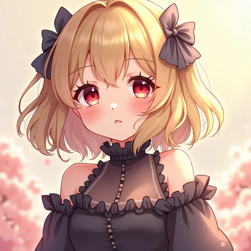 Blonde bob with red eyes anime style illustration！
Cute black outfit！Frills！
Make it a soft, fluffy illustration
With blunt, choppy bob bangs