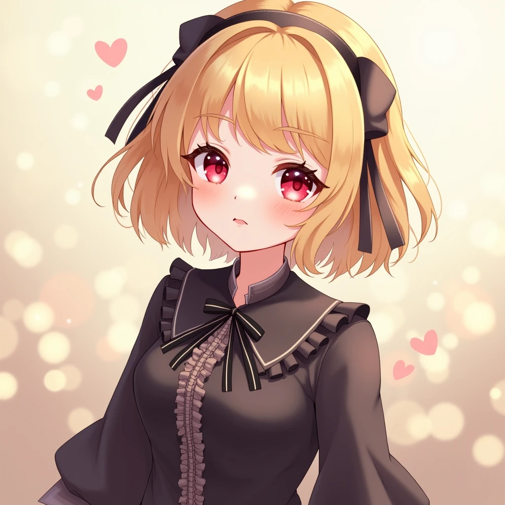 Blonde bob with red eyes anime style illustration!
Cute black outfit!Frills!
Make it a soft, fluffy illustration
With blunt, choppy bob bangs