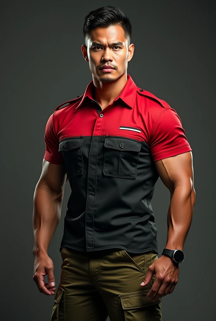 handsome Malaysia muscular man, 1man, wearing camouflage red black and army green shirt uniform, camouflage red black and army green pants uniform, detailed facial features, extremely detailed eyes and face. Firefighter t-shirt uniform, beautiful detailed lips, longeyelashes,muscle big bicep. strong masculine physique, powerful muscles, realistic, photorealistic, photo-realistic:1.37, best quality,4k,8k,highres,masterpiece:1.2,ultra-detailed,vivid colors,studio lighting