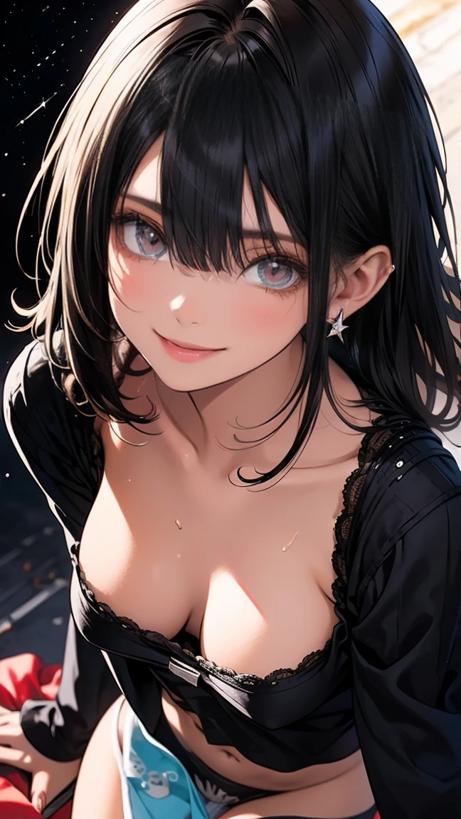 anime illustration, ((((highest quality)))), (((Ultra-precision CG 16K))), (((masterpiece))), (((Very detailed))), (((Extremely detailed))), (((Black outline:1.3, Written boundary depth:1.3 , Written soft outline, sharpness))), Maximum clarity and sharpness, Multilayer Texture, Surface Shading, Cinematic lighting, Beautiful details sparkle ,Perfect Proportions, Limited to one woman, BREAK accurate, Anatomically correct, Highly detailed face and skin texture, drawn in detail, Highly detailed facial and skin texture, Detailed eyes, beautiful hair, Beautiful Japanese Idol face, Beautiful and beautiful eyes, Beautiful body, Beautiful breasts, Beautiful thighs, Beautiful legs, Beautiful fingers, (Beautiful views) , skinny body, ((Beautiful Skin)), ((Skin Texture)) BREAK breast enlarged, medium Breasts, rocket breasts, (((perky breasts))), ((sagging breasts)), (covered nipples), slender waist, ( narrow eyes, smiling, blush, determined expression, sweaty , Heavy breathing,) , (streaked hair, hair intakes, colored inner hair, ) BREAK (((wearing printed sexy oversized shirts , wearing wide-leg-pants, breasts is covered by outfit, cosmic effects ))) , wearing earrings, (((tanned skin, tan lines))) , BREAK ( stick breast out, bending over, under the cosmic sky on the cosmic sea ),(((looking at viewer, super detailed background , ))), BREAK embarrassed, ((detailed panty)), Narrow aisles, BREAK ((cinematic , close-up of face, cowboy shot, looking at viewer, )), (natural make), random angle, random situation , pinup magazine pose, from above , from behind