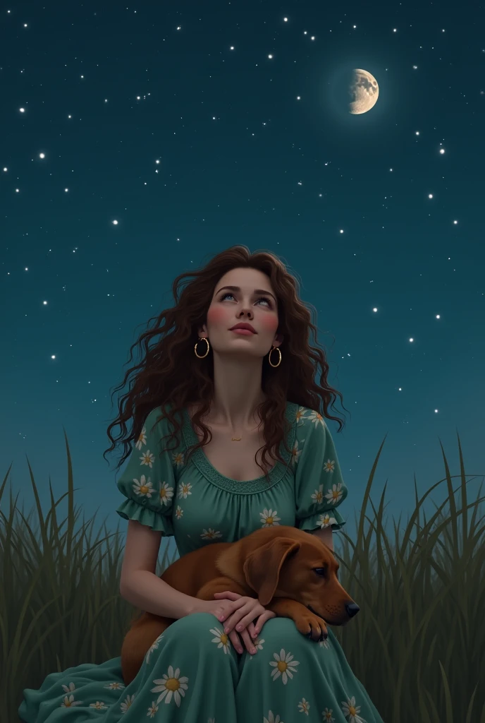 Create a realistic image of a white woman with very curly hair, brown and long and messy. She is wearing a delicate green dress with a floral print. It&#39;s getting dark and there are many stars in the sky. The moon is waxing. She is sitting looking at the sky happily with a brown dog sleeping on her lap... The woman wears hoop earrings