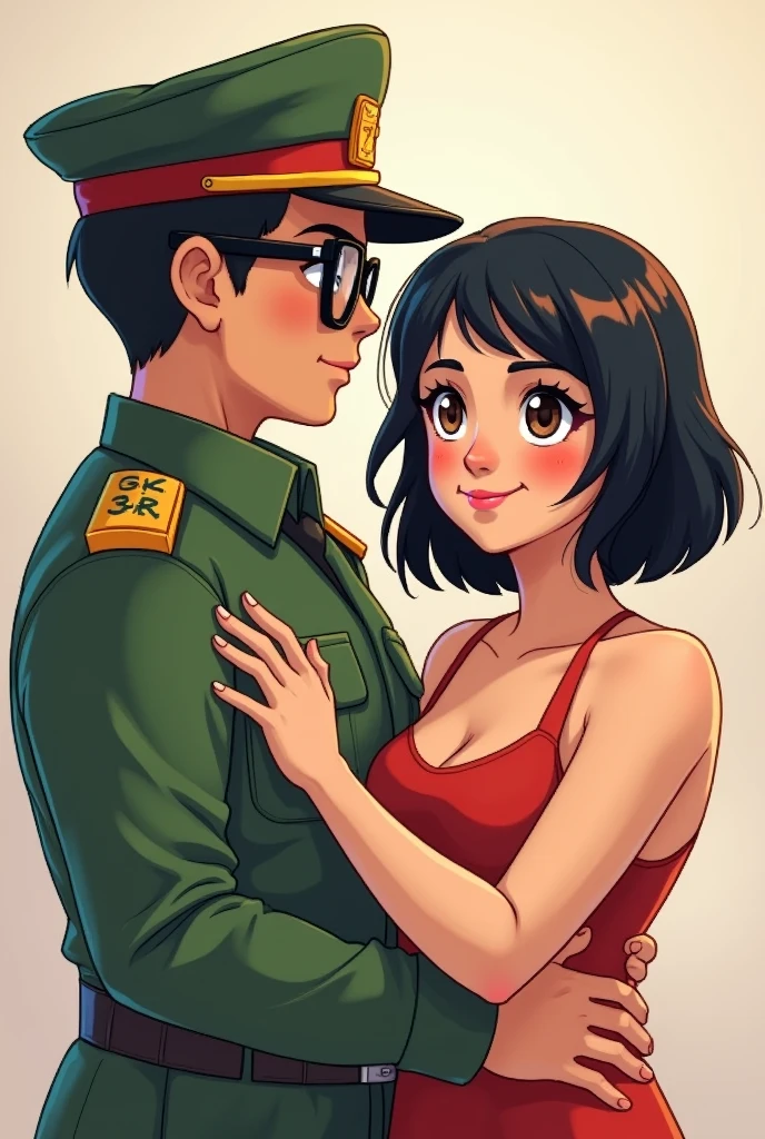 A drawing of a couple
He is a Mexican soldier, with pixelated uniform, wears glasses
She is of medium complexion, slanted brown eyes, She has rosy cheeks and is blushing, short black hair