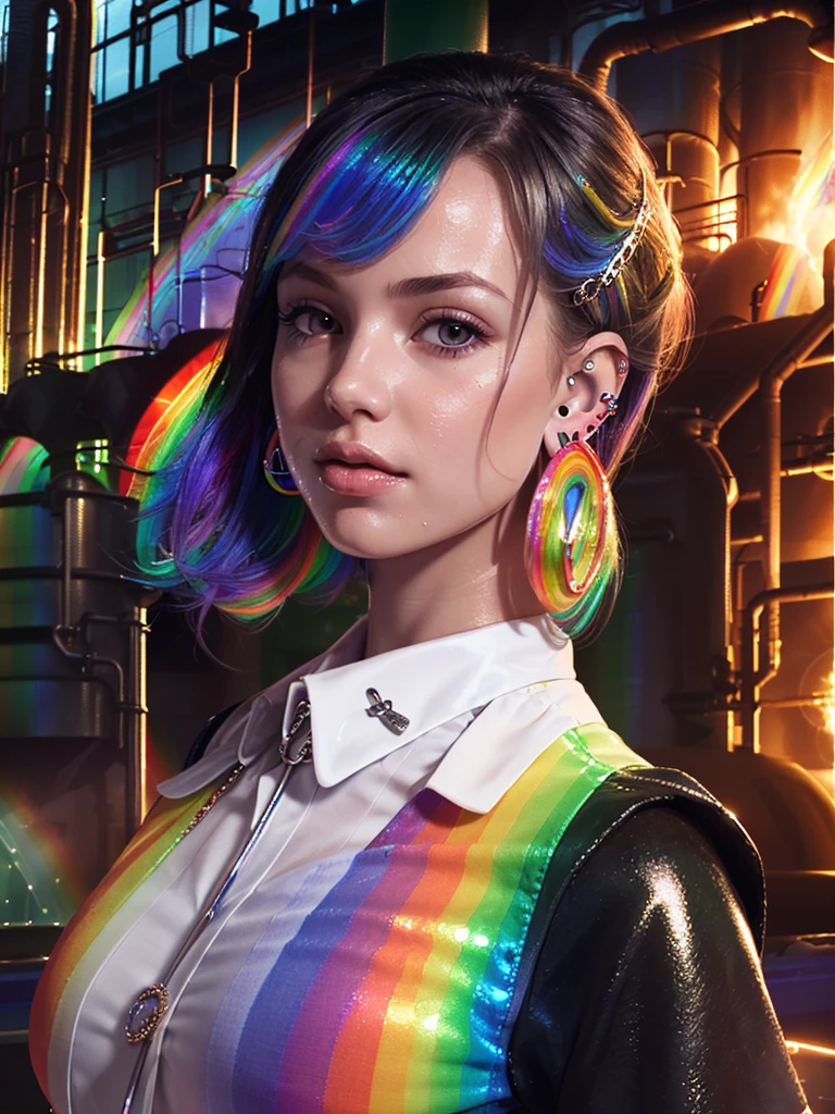 (shiny white skin:1.4),(a girl with bigbreast:1.2),(cute face:1.0) , (rainbow metal factory :1.8) ,(many ear ring:1.8),(white blouse:1.3) extremely detailed CG unity 8k wallpaper,(pasties:1.5)