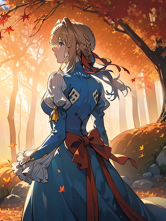 (((Very beautiful autumn scenery:1.3))), (Super detailed face, Highly detailed, Violet Evergarden:1.3), Highly detailed face, Blonde hair, Blue eyes, hair between eye, full body, bow ribbon, Red Ribbon, braid, Hair Ribbon, Blue jacket, Long skirt, Jewelry, Bangs, brooches, anime realism style, Anime coloring, White Ascot, autumn leaves, Falling leaves, Withered leaves floating, tree, light leaks, (light particles:1.2, Sparkling landscape), extremely details CG, (Perfect Anatomy), Perfect beautiful composition, ((masterpiece, best quality, HDR, high resolution))
