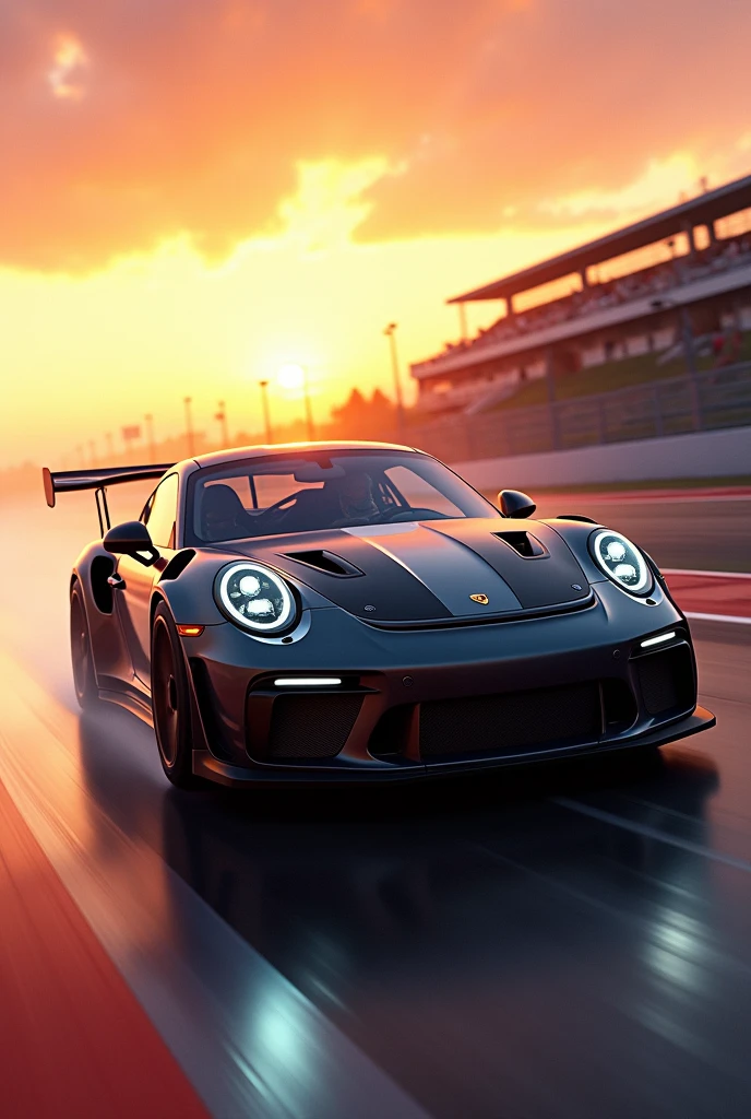 Create a high-resolution poster featuring a Porsche 911 GT3 RS in a dramatic, dynamic scene. The car should be in motion, with a focus on its aggressive aerodynamic design, large rear wing, and distinct body lines. The background should be a racetrack at sunset, with warm, golden hues contrasting against the sleek, metallic finish of the car. Include light trails and motion blur to emphasize speed. The perspective should be slightly angled from the front, capturing the headlights and front grill in sharp detail. Add subtle reflections on the car’s surface and a sense of depth in the background to give the poster a realistic and immersive feel. The overall mood should be exhilarating and powerful.