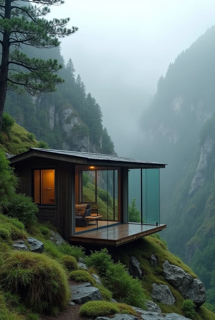 A solitary room nestled within the rainy mountains, partially sunken into the ground, is visible from a distance, giving it a cozy, hidden feel. From afar, the room's clear glass walls blend seamlessly with the misty, rain-soaked landscape, offering an unobstructed view of the surrounding natural beauty. The roof, made of aged, weathered wood, contrasts with the sleek glass walls, adding a touch of rustic charm. The room is enveloped by towering, rain-drenched pine trees and rugged terrain, with mist rolling down the mountainsides. The distant view highlights the room's isolation and tranquility, making it a perfect retreat for peaceful reflection amidst the rain and wilderness.