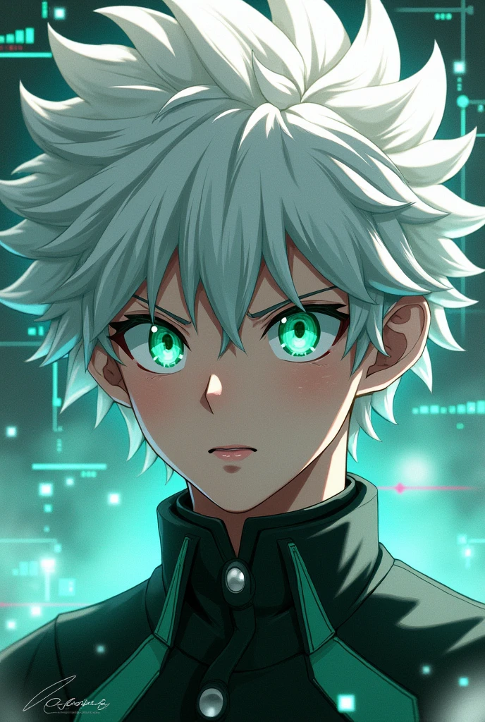 Izuku Midoriya with white hair and green eyes with HUD effect