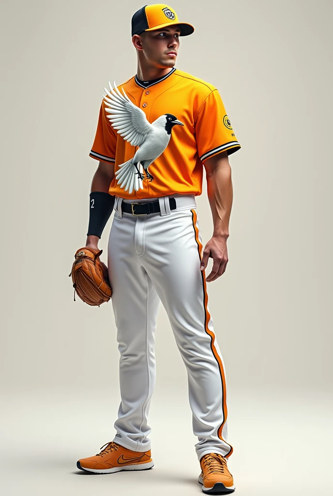 Create a complete baseball uniform, with a white canary, Orange and yellow 