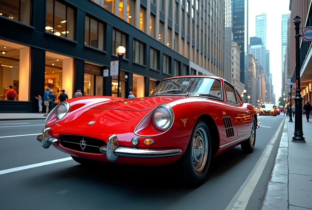 a detailed photorealistic 1960s vintage red sports car, parked on a busy city street, surrounded by tall modern skyscrapers, reflections of the car in the glass windows, people walking on the sidewalk, dynamic urban scene, cinematic lighting, dramatic shadows, vibrant colors, (best quality,8k,highres,masterpiece:1.2),ultra-detailed,(realistic,photorealistic,photo-realistic:1.37),HDR,studio lighting,physically-based rendering,vivid colors,professional