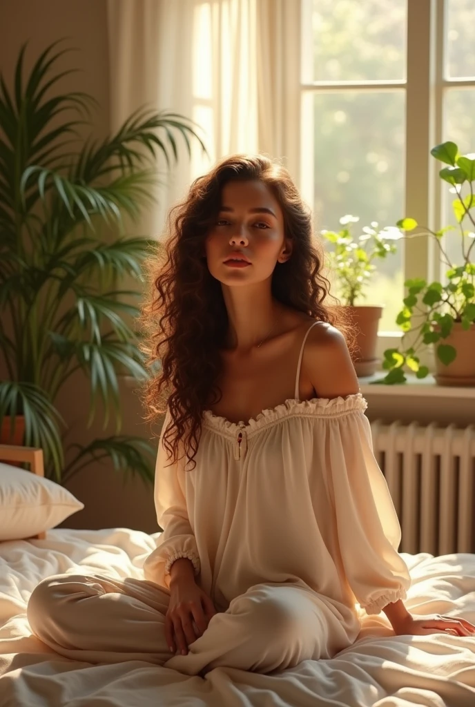 (photorealism:1.2), beautiful woman, sitting on bed, wearing loose off-shoulder top, pajama pants, long curly hair, indoors, soft lighting, plants in background, window with sunlight, cozy room, relaxed pose, realistic, intricate details, warm colors, by Greg Rutkowski, by Alphonse Mucha