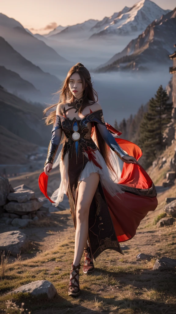 best quality,masterpiece,Ultra-high resolution,(photoactual:4:0),Crimson sky,Mountain rock,A Chinese female ghost,long flowing hair,Big breasts,Wearing a red, stunning, off-the-shoulder gown,Walking with elegance,The demon claws are long and sharp.,Red mist billowing