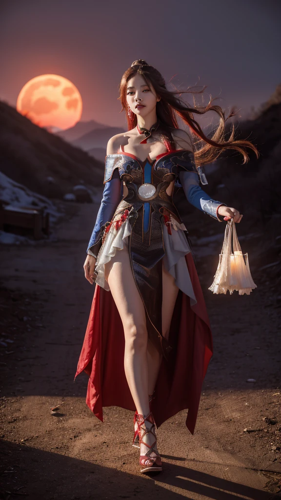 best quality,masterpiece,Ultra-high resolution,(photoactual:4：0),Crimson sky,Mountain rock,A Chinese female ghost,long flowing hair,Big breasts,Wearing a red, stunning, off-the-shoulder gown,Walking with elegance,The demon claws are long and sharp.,Red mist billowing