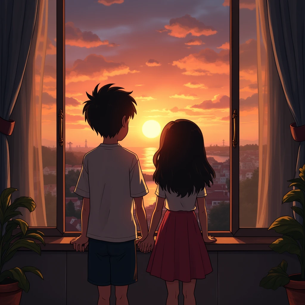 A thin, black-haired boy with a fat, black-haired girl watching the sunset from a balcony turned upside down
