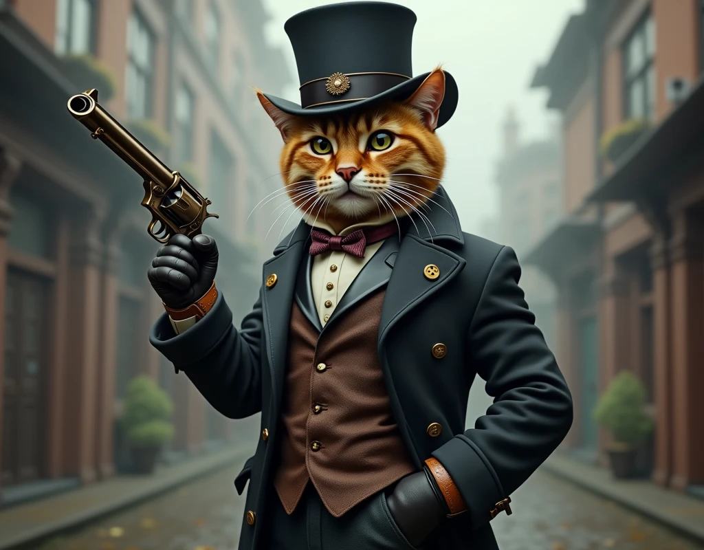 In this whimsical image, a cat in a top hat and long coat with leather accents and brass buttons stands proudly against a foggy Victorian backdrop. Its gloved paws grasp the grip of a revolver, exuding a sense of adventure. The steampunk-inspired attire is adorned with intricate details, blending historical fashion with fantastical elements.