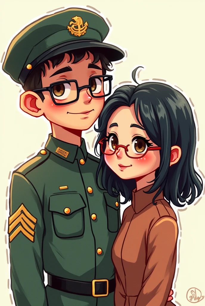 A drawing of a couple

He is a Mexican soldier, with pixelated uniform, wears glasses

She is of medium complexion, slanted brown eyes, She wears glasses, has cheeks and is blushing, has short black hair 